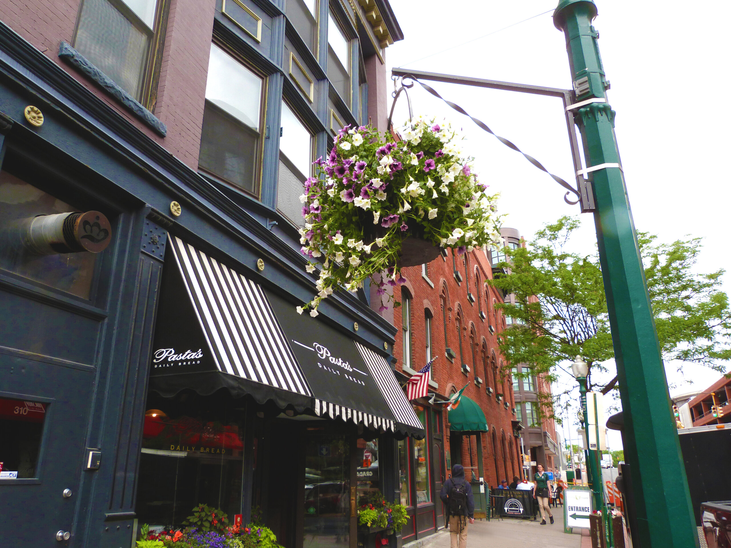Hanging basket of flowers outside Pasta's Daily Bread in downtown Syracuse